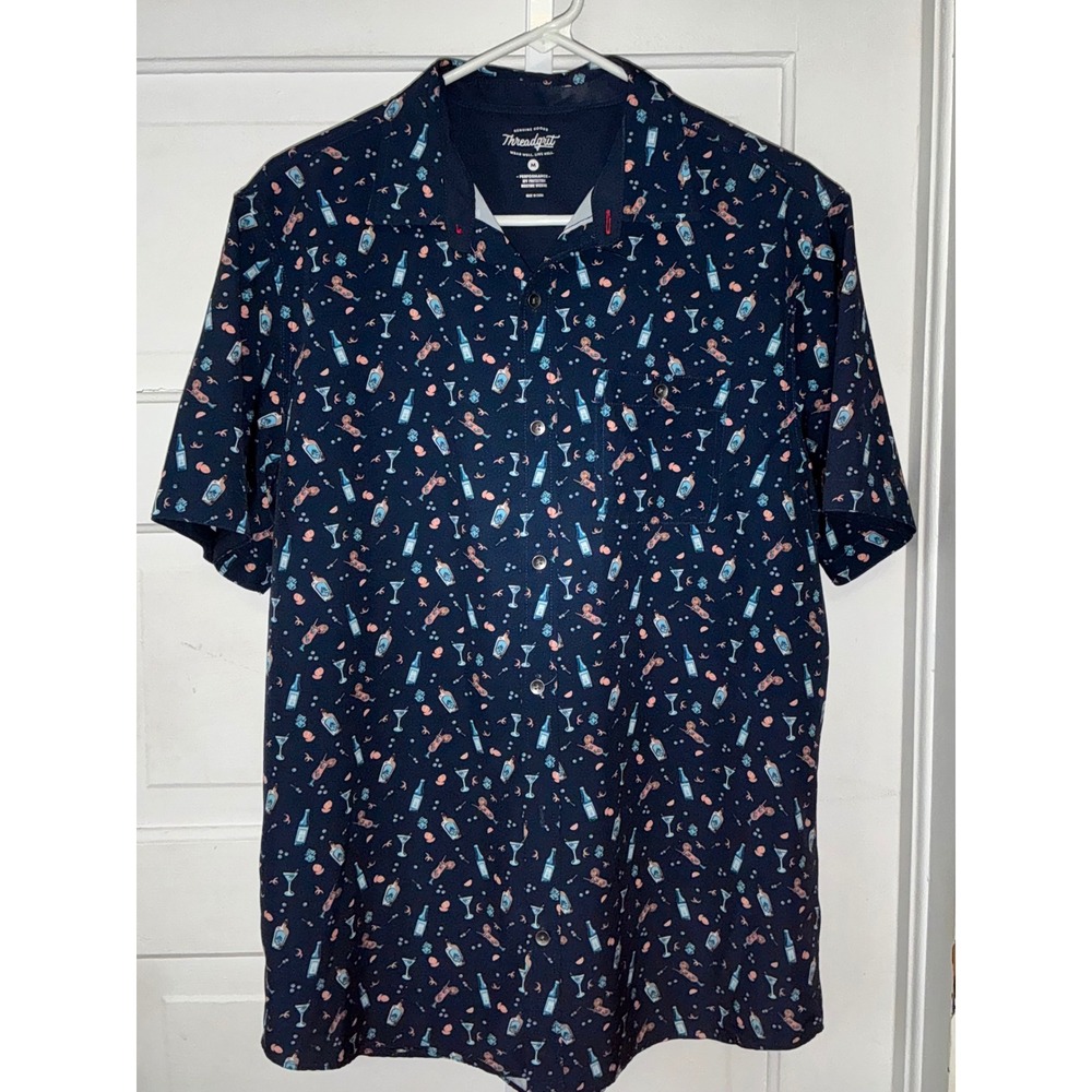 Threadgrit Mens Medium Performance Button Down Shirt Navy Cocktail Drink Print